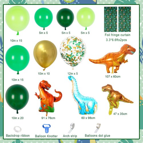 AIBIIN 95pcs Dinosaur Birthday Party Decorations for Boys Jungle Safari Dinosaur Foil Fringe Curtain Birthday Balloon Arch Garland Kit Three Rex T-Rex Birthday Baby Shower Party Decorations Balloons