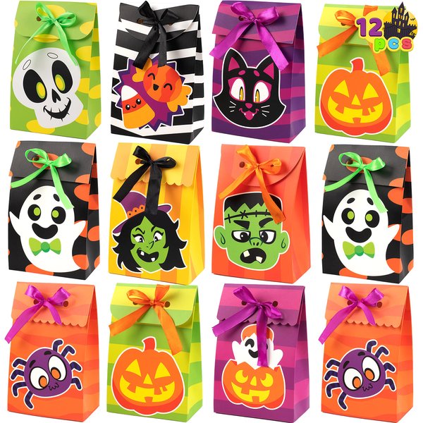 JOYIN Halloween Candy Bags Treat Boxes-12 Pieces Halloween Paper Bags Trick or Treat Halloween Sweet Goodie Bags with Ribbon, Halloween Party Favors Gift Bags
