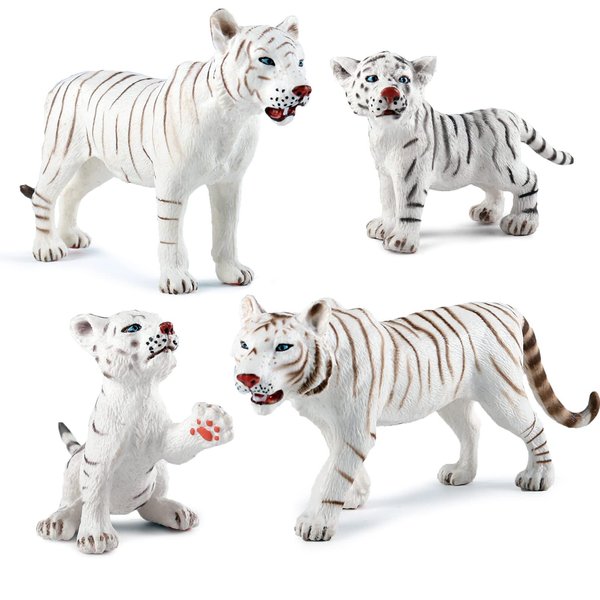 Wildlife Animal Figures Tiger Model Figurines Playsets 4 PCS White Tigers Family Party Favors Cake Toppers School Project Desktop Decoration Cognitive Toys for Boys Girls Kids