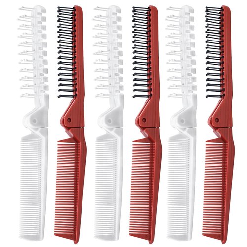 Qjaiune 6PCS Travel Foldable Brush Comb Portable Folding Comb, Anti-Static Hair Comb Mini Pocket Comb, Double Headed Hair Brush Hairdressing Tools Plastic Folding Comb for Men Women (White + Burgundy)