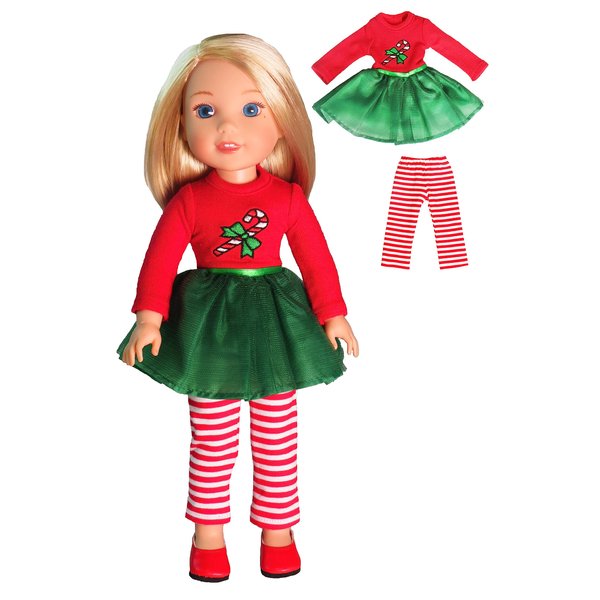 American Fashion World Candy Cane Tutu Dress Set for 14-Inch Dolls | Leggings Included |Premium Quality & Trendy Design | Dolls Clothes | Outfit Fashions for Dolls for Popular Brands