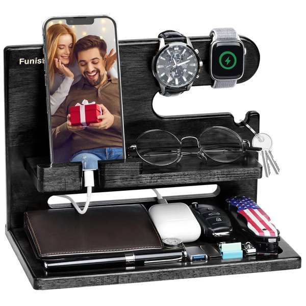 Gifts for Men, Gifts for Dad Husband Christmas Xmas from Daughter Son, Wood Phone Docking Station, Nightstand Organizer, Unique Husband Anniversary Birthday Xmas Presents for Him Boyfriend from Wife