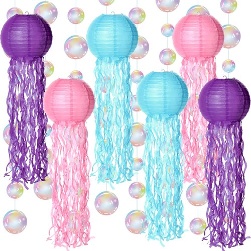 Sinload 14 Pieces Under The Sea Party Decorations 8 Bubble Garlands and 6 Jelly Fish Paper Lanterns Hanging Decor for Underwater Mermaid Ocean Theme Birthday Baby Shower Party Supplies