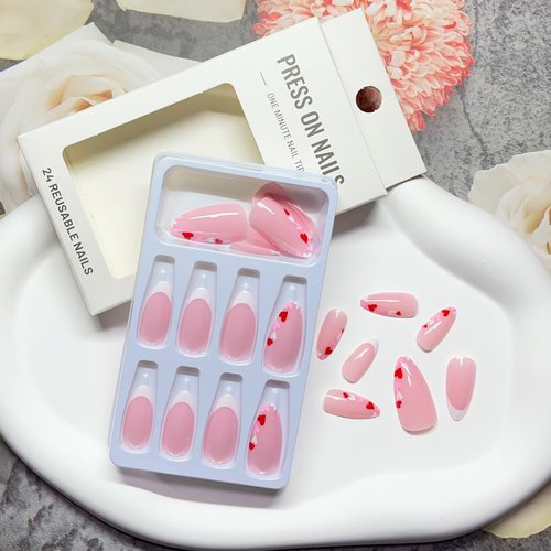 Valentine's Day Press on nails Short Almond Fake Nails Acrylic French Red White Pink Love Heart Design Fashion Romantic Valentine's day Nail Decoration for Nails for Women and Girls 24 Pcs