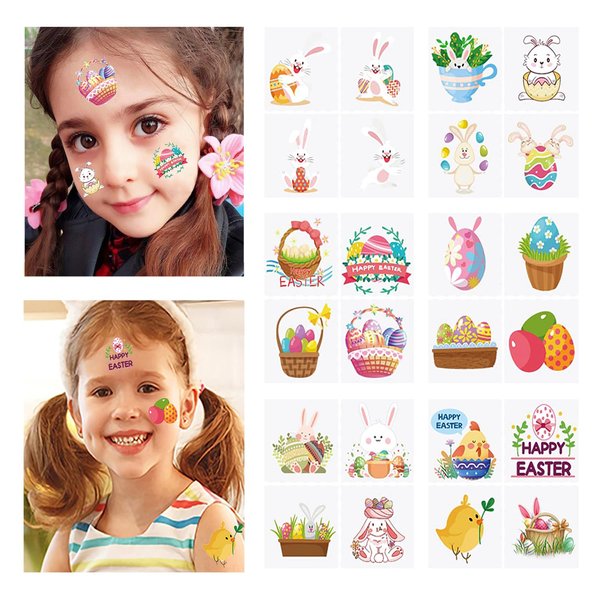 Y&C TENCOB 18 SHEETS Easter Temporary Tattoos for Kids,Waterproof Egg Rabbit Face Body Stickers Tattoos Party Accessories for Girls Boys Easter Day Party Decorations