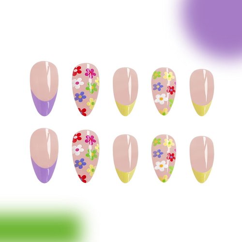Flower Press on Nails - Medium + White Tip French,Colorful Flowers Fake Nails Kit with 24 Nails,24pcs jelly glue stickers,1pcs mini nail file,1pcs wooden stick （ Cute Floral Nails for Women and Girls）