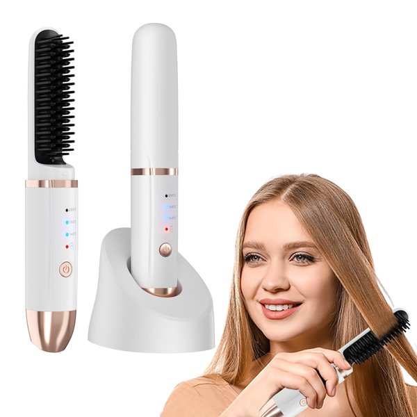 SKERTS Cordless Hair Straightener Brush, Portable Mini Electric Straightening Comb Ionic Thermal Wireless Hot Hair Brush Heat Comb for Men and Women (White)