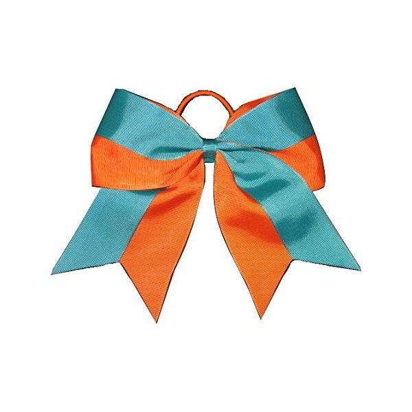 NEW "Two-Tone ORANGE & TEAL" Cheer Bow Pony Tail 7 Inch Girls Hair Cheerleading Dance Practice Football Games School Uniform Competition Grosgrain Ribbon Elastic