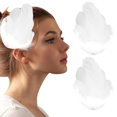 2Pcs White Feather Hair Clip, White Swan Headpiece Feather Headpiece Feather Clip, Feather Hair Piece Swan Lake Headpiece for White Swan Costume, Feather Hair Accessories for Women Bride Wedding