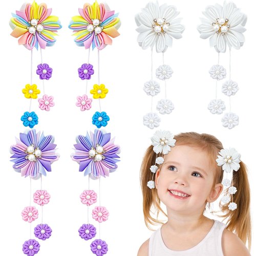 6Pcs Flower Hair Clips Hair Bows Tassels Hair Pins Grosgrain Ribbon Bows With Alligator Clips Cute Hair Accessories