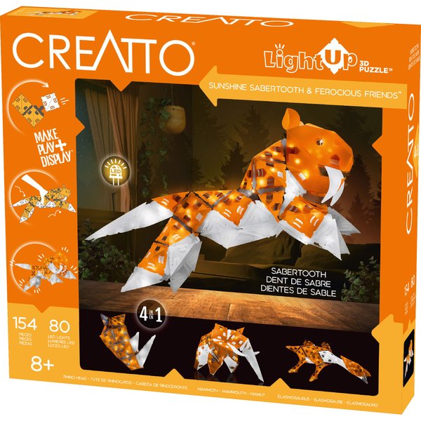 Creatto Sunshine Sabertooth & Ferocious Friends Light-Up 3D Puzzle Kit | Includes Creatto Puzzle Pieces to Make Illuminated Craft Creations, Tiger, Mammoth, Elasmosaurus, Rhino | DIY Activity w/ LEDs