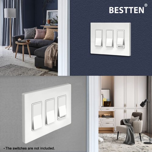 BESTTEN 3-Gang Screwless Wall Plate, USWP4 Off White Series, Decorator Outlet Cover, H4.69” x W6.54”, for Light Switch, Dimmer, USB, GFCI, Receptacle, 2 Pack