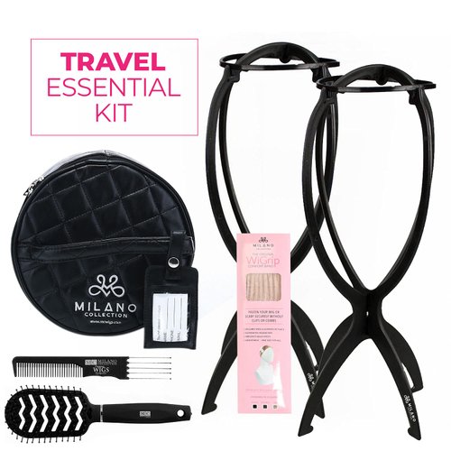 Milano Collection 4 pc. Travel Essential Wig Accessory Kit with Original Tan WiGrip Comfort Band, Round Travel Case, Brush Set, Tall Collapsible Wig Stand for Wigs, Frontals, Styling
