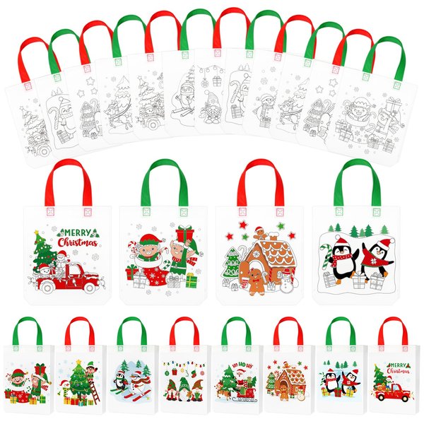 Kajaia 24 Pieces Christmas Coloring Bags Reusable Xmas Color Your Own Gift Bags Non Woven Goodie Candy Treat Bags for Boys Girls Winter Holiday Party Favors Packing Supplies