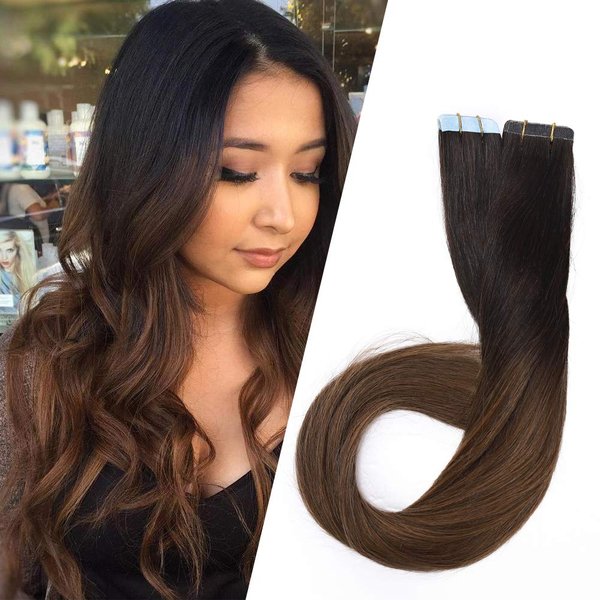 Benehair Human Hair Rooted Ombre Dark Brown to Light Brown #2-6 20 inch Seamless Invisible Skin Weft Tape ins Balayage Long Straight Hair 20pcs 50g Double Sided Tapes