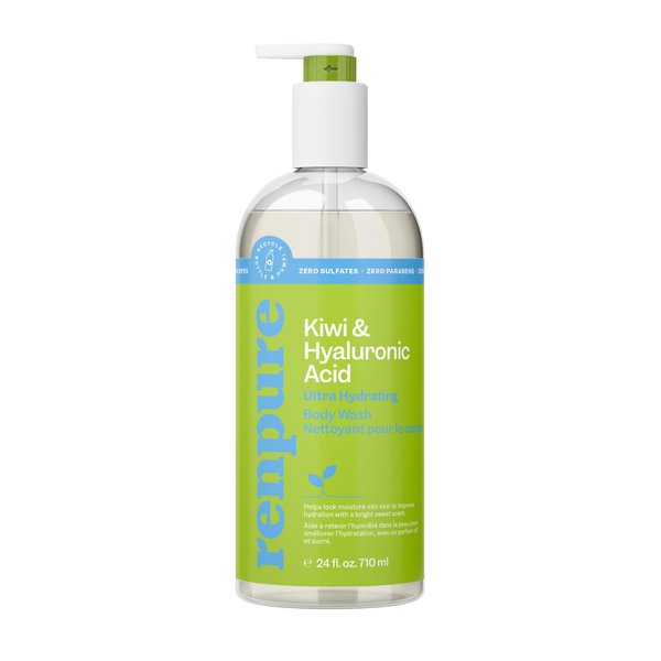Renpure Kiwi and Hyaluronic Acid Ultra Hydrating Body Wash - Leaves Skin Moisturized - Rids Skin of Daily Grime - Gentle Formula - Dye and Paraben Free - Recyclable, Pump Bottle Design - 24 fl oz