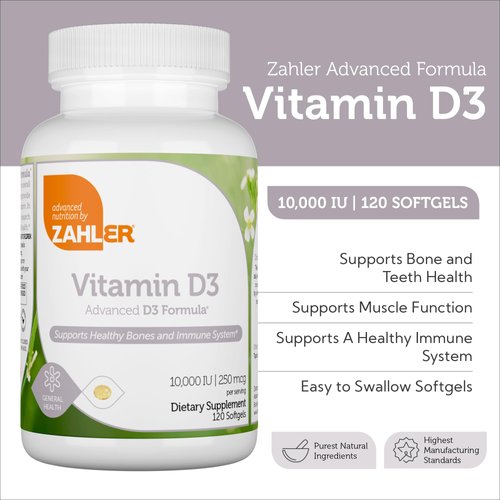 Zahler - Advanced Vitamin D3 10,000 IU Softgels (120 Count) Kosher Vegetarian Friendly Vitamin D for Immune Support, Bone, Teeth & Muscle Health - Daily D3 Vitamin Supplement for Adults - Easy Swallow