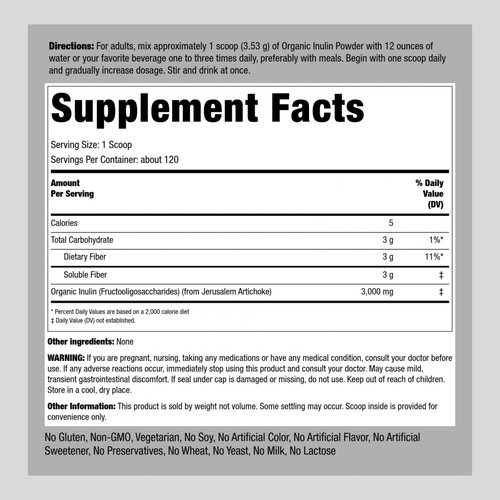 Piping Rock Organic Inulin Powder | 15 oz | Soluble Fiber Supplement | FOS Powder | Vegetarian, Non-GMO, Gluten Free