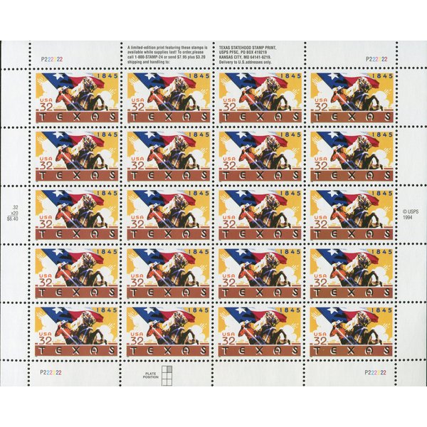 Texas Statehood 1845 (Sheet of 20) 32 Cent US Postage Stamps 1995 Scott 2968