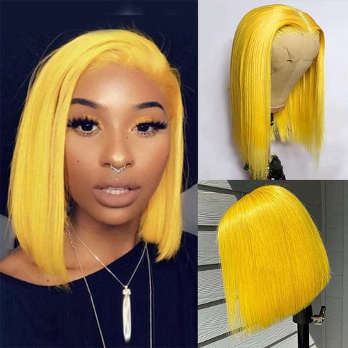 Smartinnov Lace Bob Wigs Yellow Virgin Human Hair 13x4 Lace Frontal 180% Density Wig Pre Plucked 12inch Middle Part Straight Lace front Bob Bleach Knot with Baby Hair Yellow Bob Wig