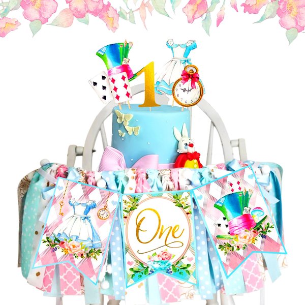 LaVenty 2 PCS Alice First Birthday Banner Decorations Alice One Banner Sign Alice Party Supplies