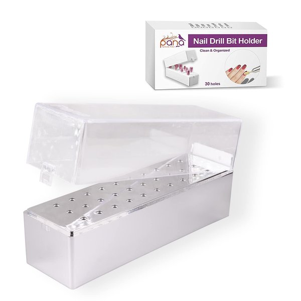 PANA Nail Drill Bit Holder Stand Display Organizer- Dust Proof Storage Container Box Case Tools for Home Use or Nail Salon - (30 Holes, Silver)