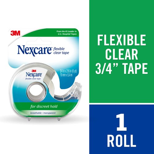 Nexcare Flexible Clear First Aid Tape, Clear and Stretchy Design Conforms To Hard To Tape Areas, 3/4 in x 7 yd, 1 Roll with Dispenser