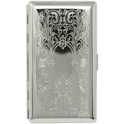 Silver Victorian Scroll (Half Pack 120s) Metal-Plated Cigarette Case & Stash Box with Mirror
