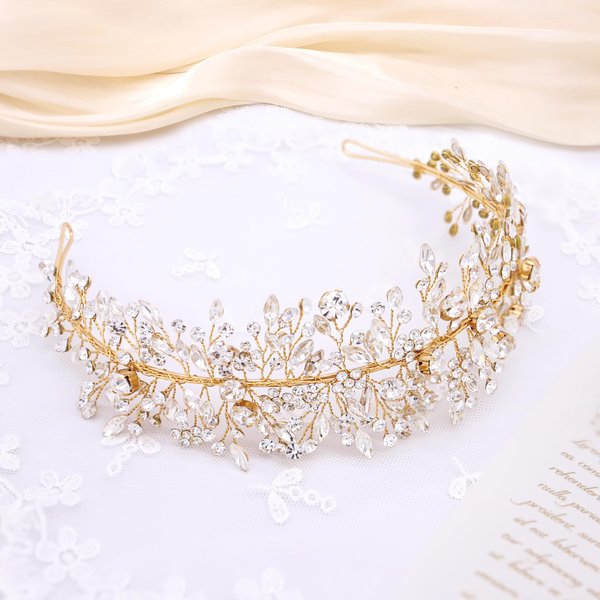 Oriamour Crystal Wedding Headband Rhinestone Bridal Headpieces Handmade Leaf Wedding Hair Accessories for Brides (Gold)