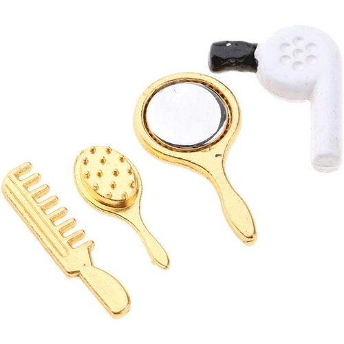 4Pcs Miniature Comb Hair Dryer Mirror Makeup Set /12 Dollhouse Decorations Accessories