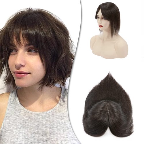 Hairro Human Hair Toppers With Bangs Clip on Topper Hairpiece For Women Silk Base Remy Real Hair Clip On Toupee With Wispy Air Bang For Thinning Hair Loss 6 Inch 27g #2 Dark Brown