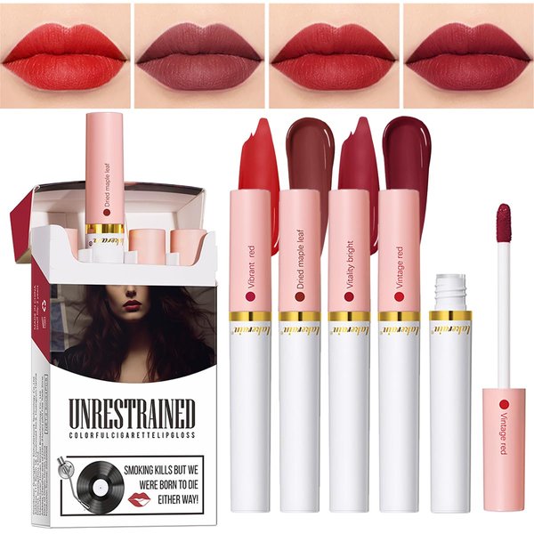Qifylmaf 4 Colors Lipstick, Matte Liquid Lip Gloss Set, Long Lasting & Waterproof Natural Tube Red Lip Gloss Ingredients & Non-Sticky Lip Tint (Set C)