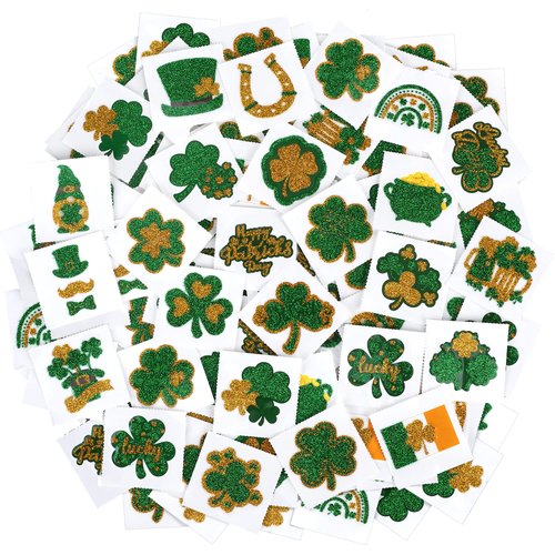durony 144 Pieces St. Patrick's Day Temporary Tattoo Stickers 24 Styles Glitter Shamrock Face Stickers 6 Sheets Waterproof Gold Green Party Decoration DIY Accessories for Saint Patrick's Day