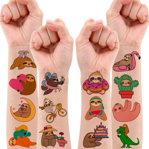 Sloth Temporary Tattoos Birthday Themed Party Supplies Favors Decorations Cute Stickers Tattoo 8 Sheets 96 PCS Gifts for Girl Kids Boys Decor Class School Reward Carnival Christmas