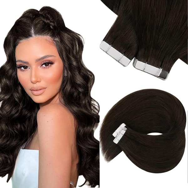 Sunny Hair Tape in Extensions Straight Skin Weft Tape in Hair Extensions Invisible Tape in Hair Extensions Human Hair 20Pcs Hair Extensions Real Human Hair Darkest Brown 18inch