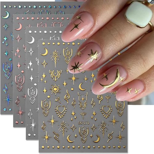 12 Sheets Metallic Sun Star Nail Art Stickers Silver Aurora Gold Moon Nail Stickers 3D Self-AdhesiveGlitter Rose Gold Silver Star Moon Nail Art Design for Women DIY Nail Decorations