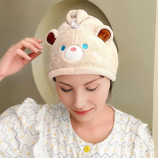 Cute Cartoon Hair Dry Wrap Coral Fleece Shower Wrap Absorbent Quick-Drying Head Wrapping Towel Female Hair Wipe Towel (Bear)