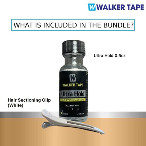 Ultra Hold Hair System Lace Glue Adhesive 0.5oz w/White Hair Sectioning Clip Bundle Pack | Wigs Front Bonding Weave Active Lace Adhesive Glue | Super Bold Hold Adhesive Glue