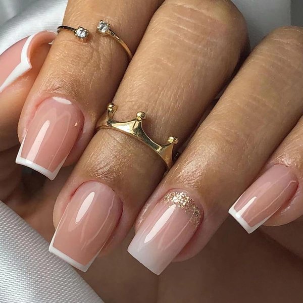 French Tip Press on Nails Short Square Fake Nails Light Pink False Nails with Glitter Design Glossy Solid Color False Nails Full Cover Stick on Nails Acrylic Artificial Nails Glue on Nails for Women