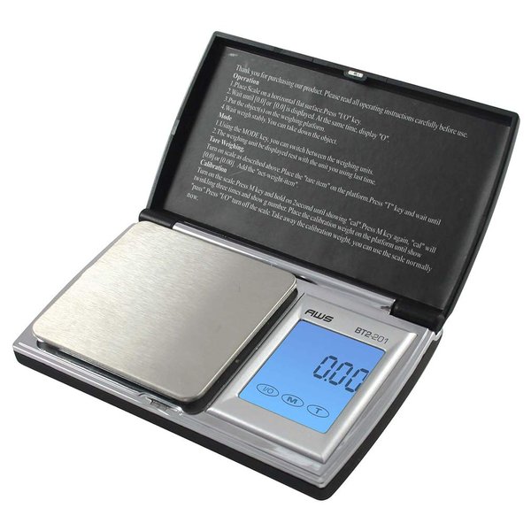 American Weigh Scales BT2 Series Digital Gram Pocket Weight Scale, Stainless-Steel Surface, Backlit LCDBlack, 200 X 0.01G