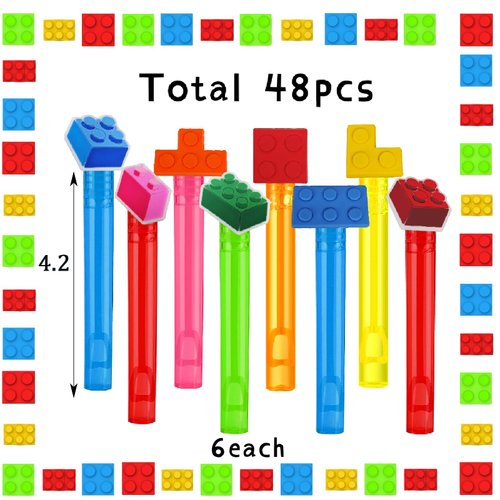 48Pcs Building Blocks Mini Bubble Wands for Kids Brick Party Favors 6 Cute Designs Cartoon Birthday Party Supplies Christmas Party Favors Toys Goodie Bag Stuffers