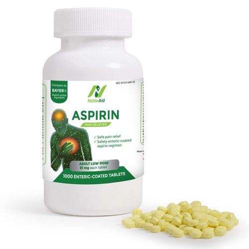 NobleAid Pure Low Dose Baby Aspirin 81mg for Adults, 1,000 Count Enteric Coated Aspirin Tablets for Men and Women, Safe Relief for Symtoms Associated with Headache, Arthritis, Cramps