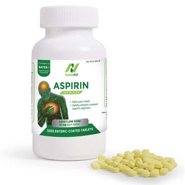 NobleAid Pure Low Dose Baby Aspirin 81mg for Adults, 1,000 Count Enteric Coated Aspirin Tablets for Men and Women, Safe Relief for Symtoms Associated with Headache, Arthritis, Cramps