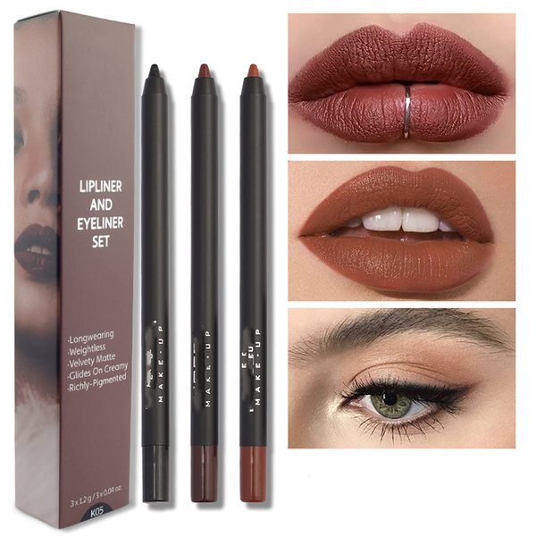 MAEPEOR Matte Lipliner and Eyeliner Kit 3 PCS Smoothly Creamy Lipliner and Eyeliner Pen Set for Daily Wear (3PCS Kit 5)