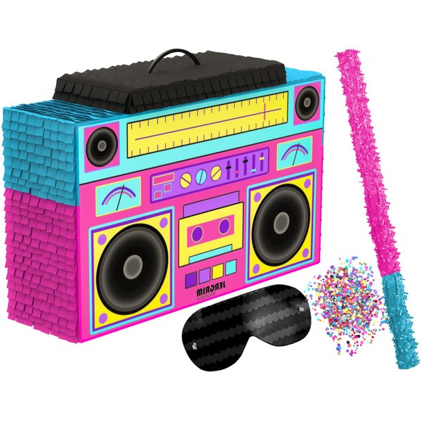 Boombox Piñata 4-Piece Set perfect for Retro Birthday Party, Decorations, 80s Parties, Hip Hop 90s, 1980’s Radio Piñata for kids and adults (17”X10”) durable!