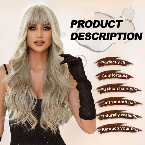 Remy Blue Mixed Blonde Wigs With Bangs 26 Inches Long Wavy Curly Blonde Wigs for Women Natural Looking Realistic Wigs Synthetic Heat Resistant Fiber Wigs for Daily Party Use
