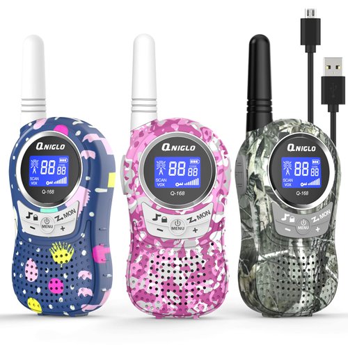 Qniglo Walkie Talkies for Kids Rechargeable with Li-ion Battery, Long Range Kids Walkie Talkies 3 Pack, Toys Walkie Talkie for Girls, Boys, Birthday Halloween Xmas Gifts, Outdoor Camping