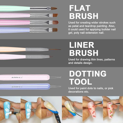 AIMEILI Nail Art Brushes Acrylic Nail Brush Design Pen Set for Gel Nail Polish Painting, Nail Extension Gel Builder Nail Gel Brush, Nail Art Liner Brush and Nail Dotting Pen DIY Manicure