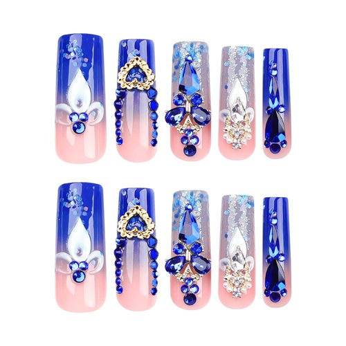 RUOKEXIN French Press on Nails Long Square Fake Nails Blue Acrylic False Nails with 5D Blue Rhinestones Charms Designs Gold Heart Charms Glitter Artificial Nails Luxury Stick on Nails for Women 24Pcs