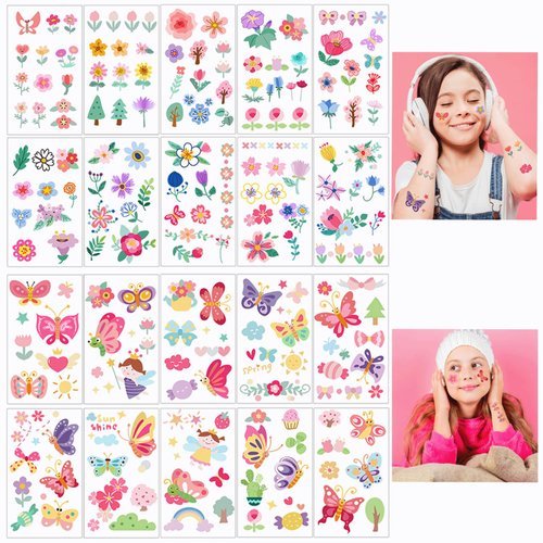 20 sheets Flower Temporary Tattoos Kids Tattoos Temporary for Girls Cute Butterfly Temporary Tattoos for Child Colorful Fake Waterproof Tattoo Stickers for Party Birthday Decorations Supplies Gifts